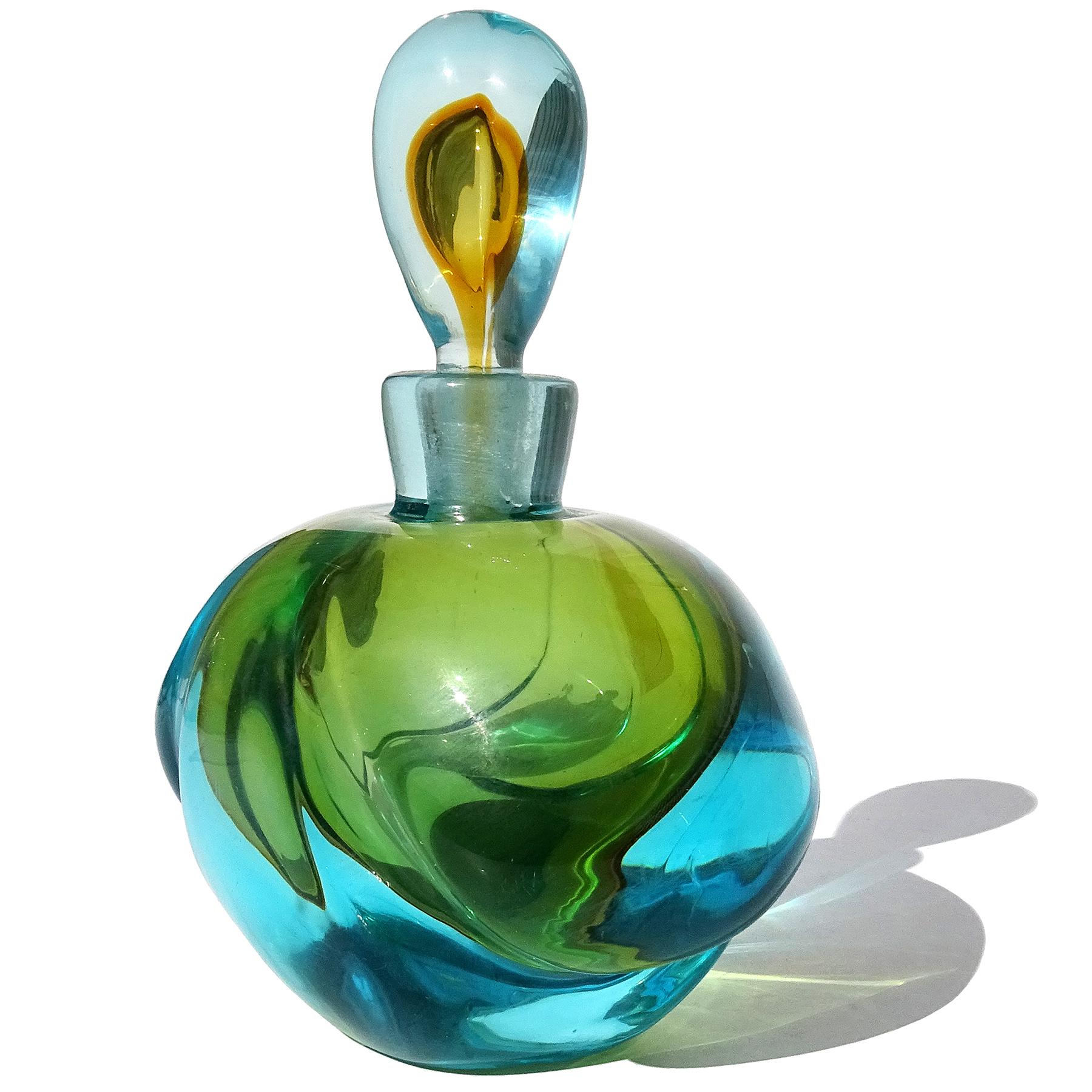 Mid-Century Modern Barbini Murano Sommerso Blue Orange Italian Art Glass Perfume Cologne Bottle For Sale