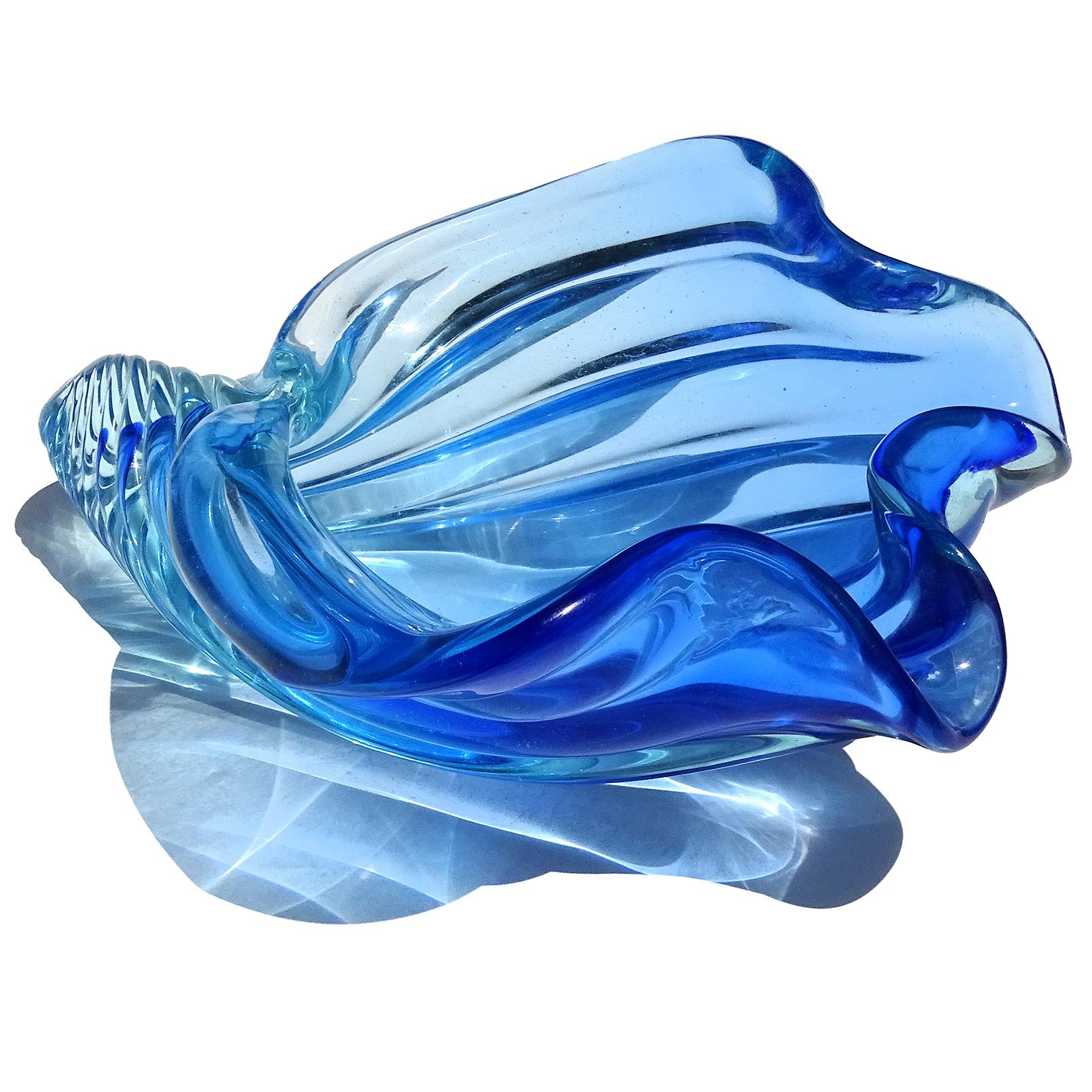 20th Century Barbini Murano Sommerso Cobalt Blue Italian Art Glass Seashell Sculptural Bowl