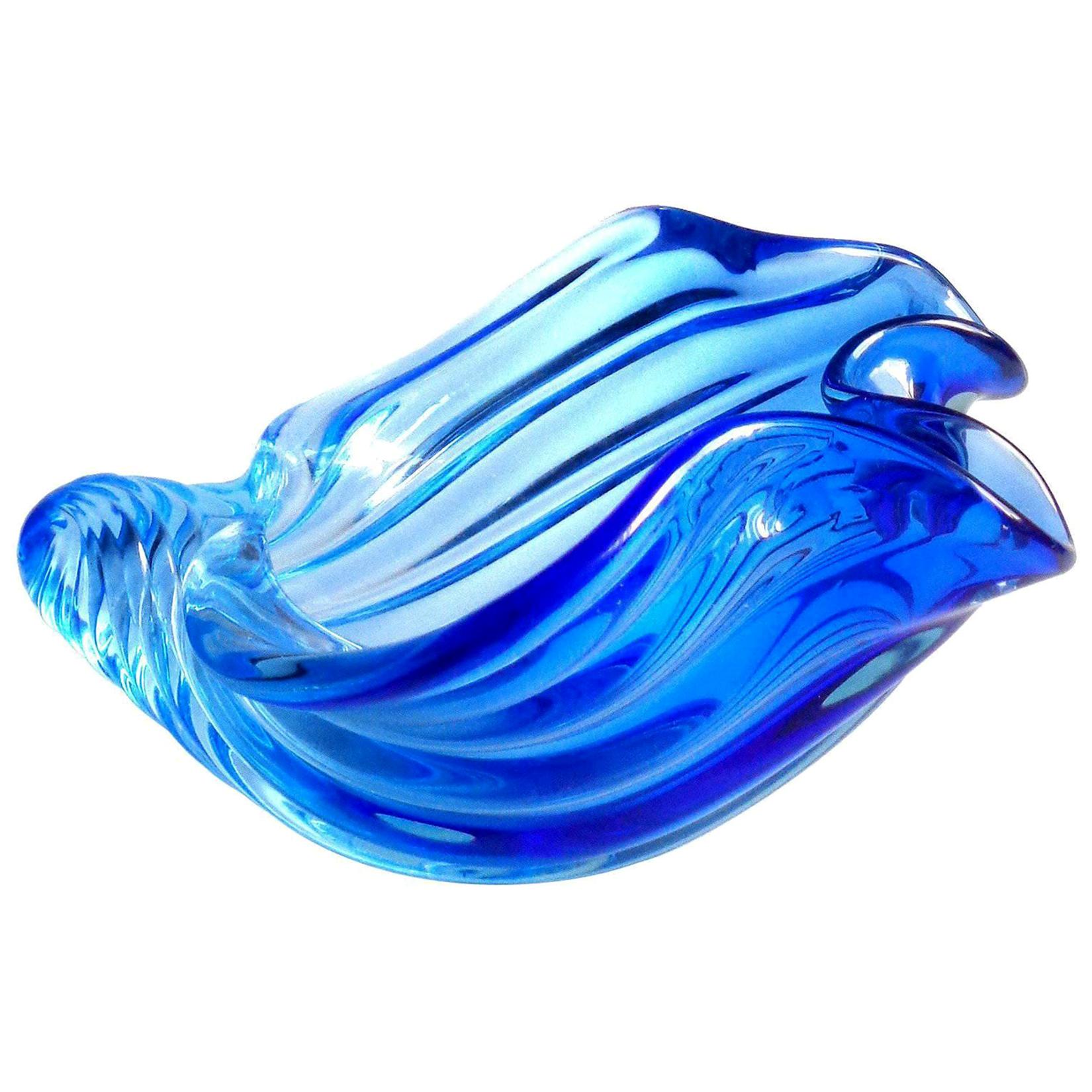 Barbini Murano Sommerso Cobalt Blue Italian Art Glass Seashell Sculptures Bowl