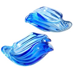 Barbini Murano Sommerso Cobalt Blue Italian Art Glass Seashell Sculptures Bowls