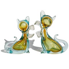 Barbini Murano Sommerso Golden Yellow Italian Art Glass Kitty Cat Figurines