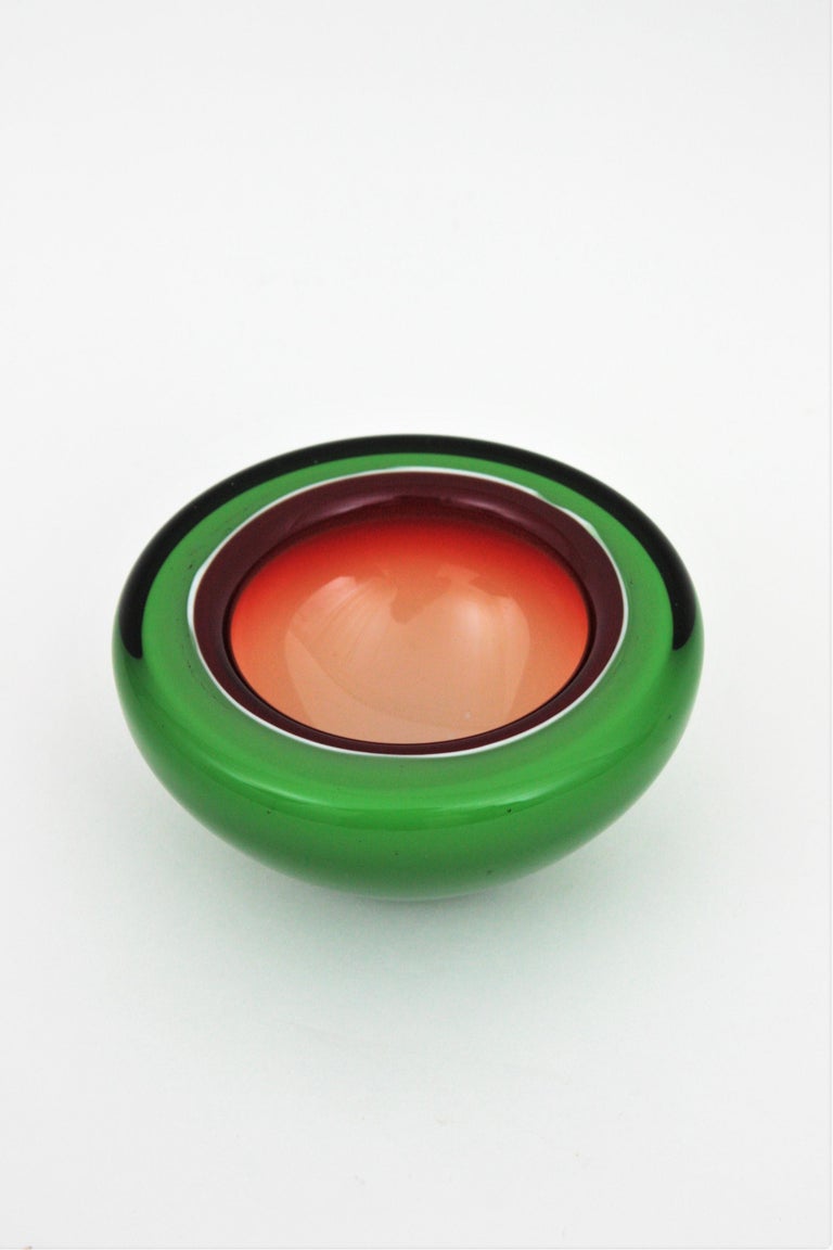 Barbini Murano Sommerso Green White Geode Art Glass Bowl