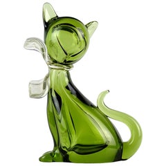 Retro Barbini Murano Sommerso Green Gold Flecks Italian Art Glass Kitty Cat Figurine