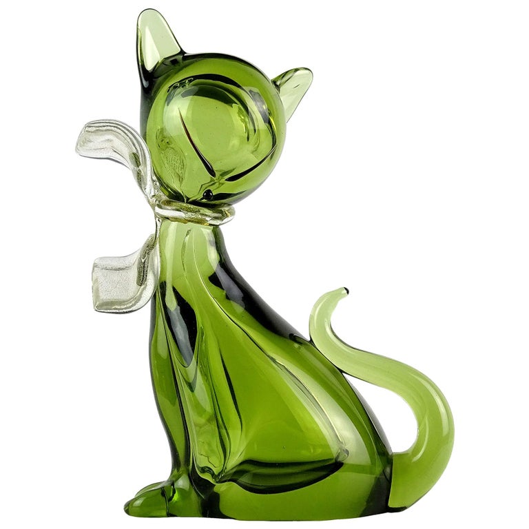 Barbini Murano Sommerso Green Gold Flecks Italian Art Glass Kitty Cat  Figurine at 1stDibs
