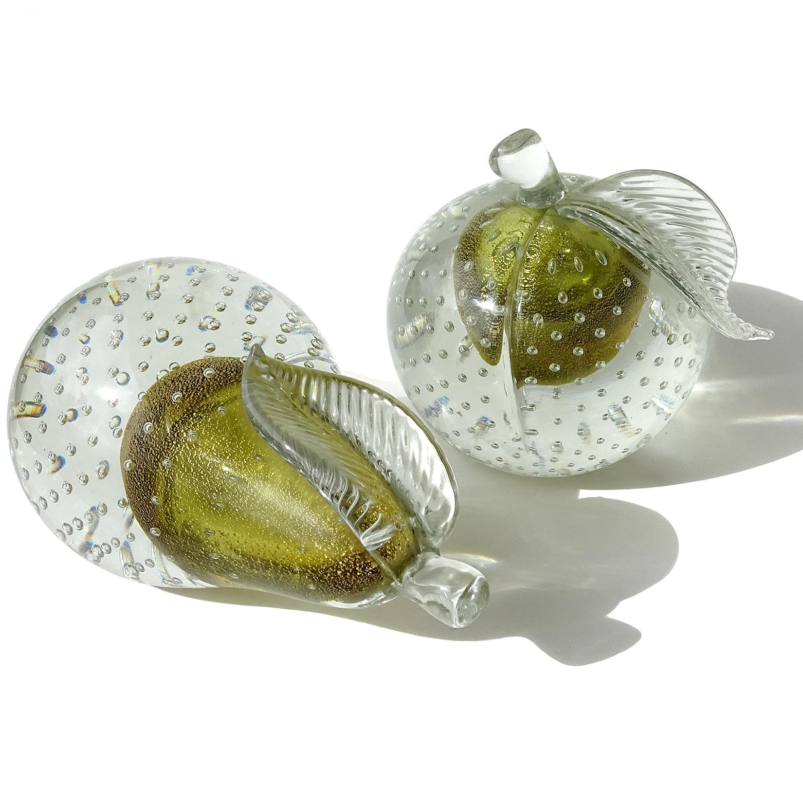 Mid-Century Modern Barbini Murano Sommerso Olive Gold Flecks Italian Art Glass Fruit Bookends