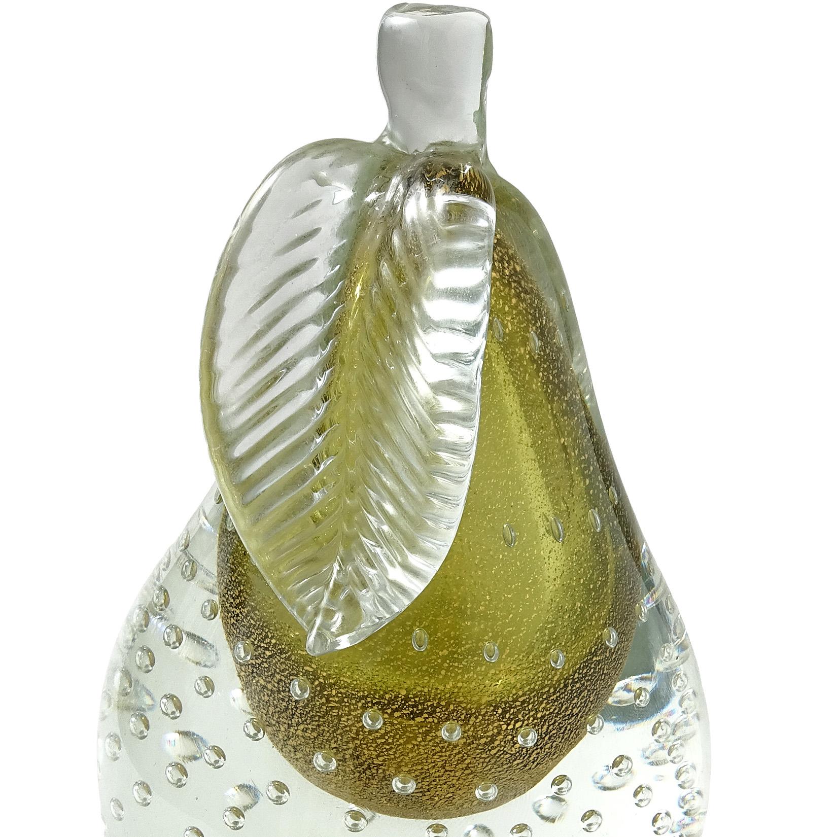 Hand-Crafted Barbini Murano Sommerso Olive Gold Flecks Italian Art Glass Fruit Bookends