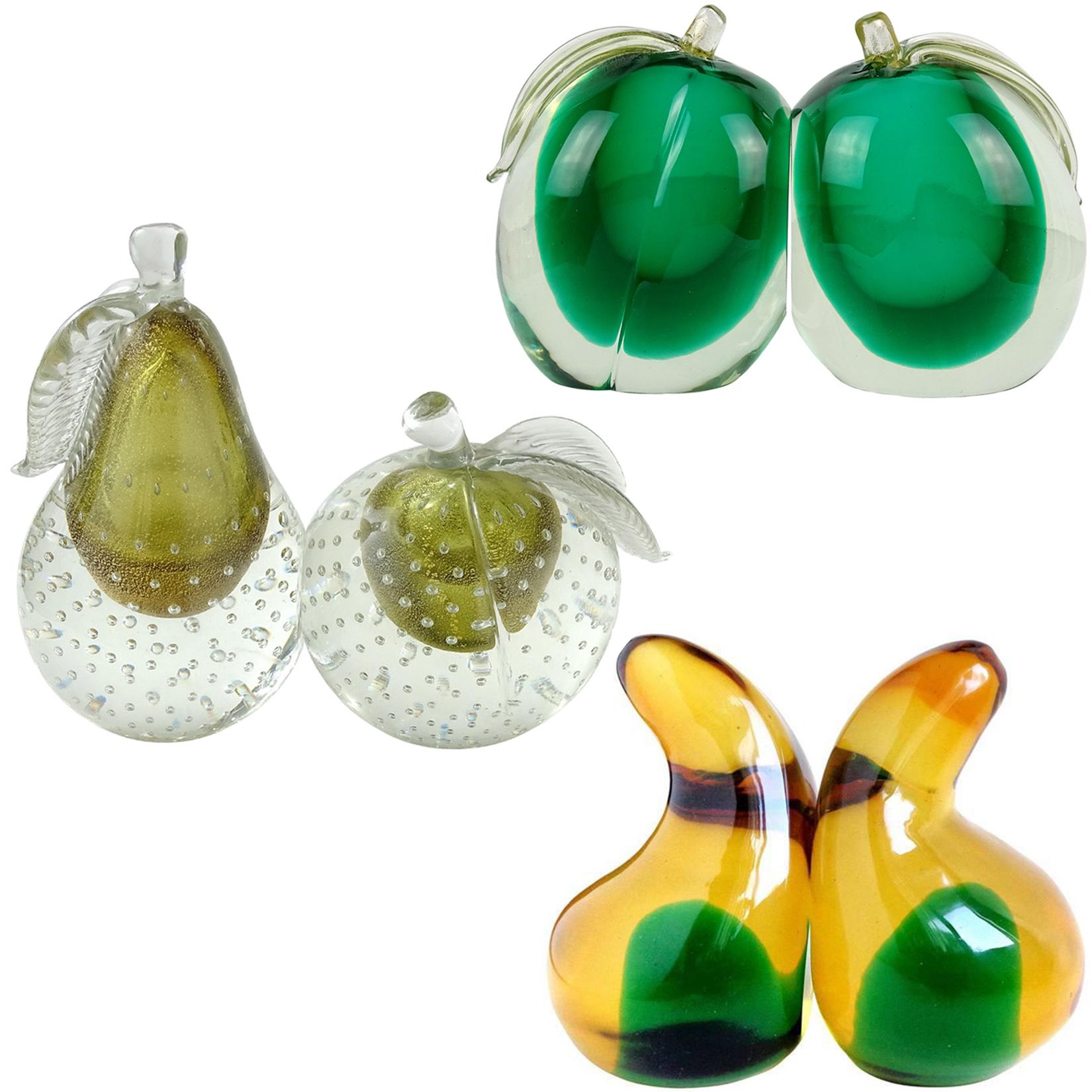 Barbini Murano Sommerso Olive Gold Flecks Italian Art Glass Fruit Bookends 1