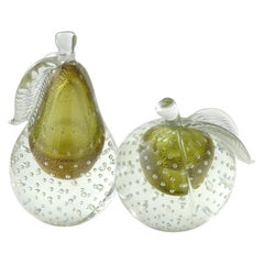 Barbini Murano Sommerso Olive Gold Flecks Italian Art Glass Fruit Bookends