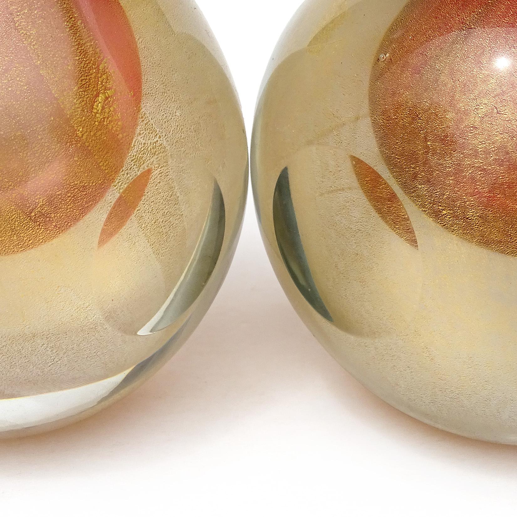 Hand-Crafted Barbini Murano Sommerso Pink Gold Leaf Italian Art Glass Apple Pear Bookends
