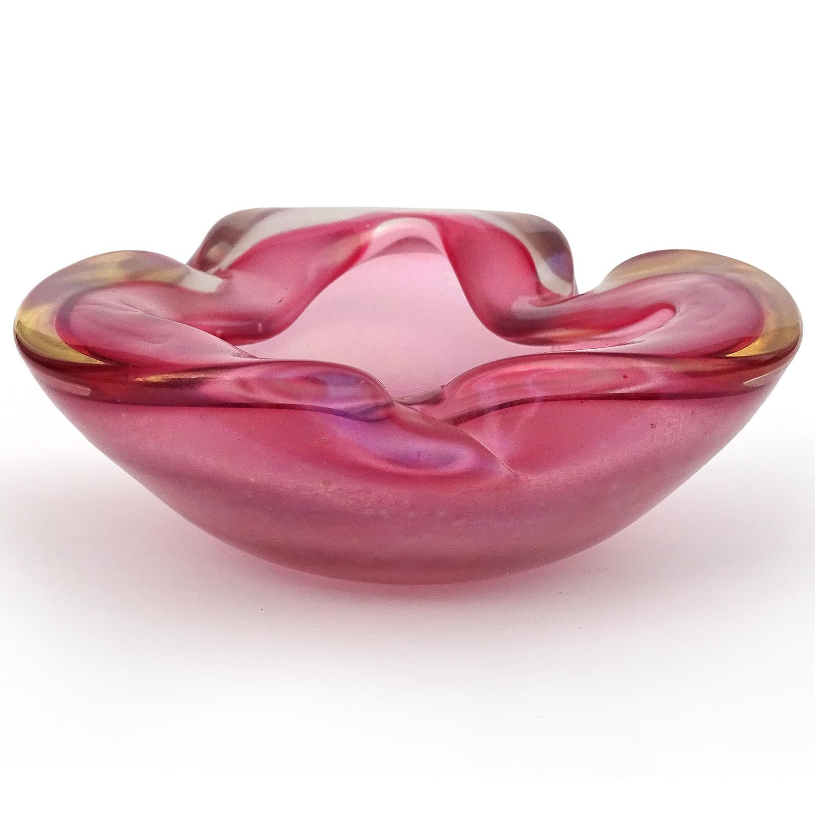 Only 1 Left! - Beautiful vintage Murano hand blown Sommerso iridescent pink Italian art glass folded over rim bowl / ashtray. Documented to Master glass artist and designer Alfredo Barbini, circa 1950-1960. The bowl has a heavy aurene / iridescent