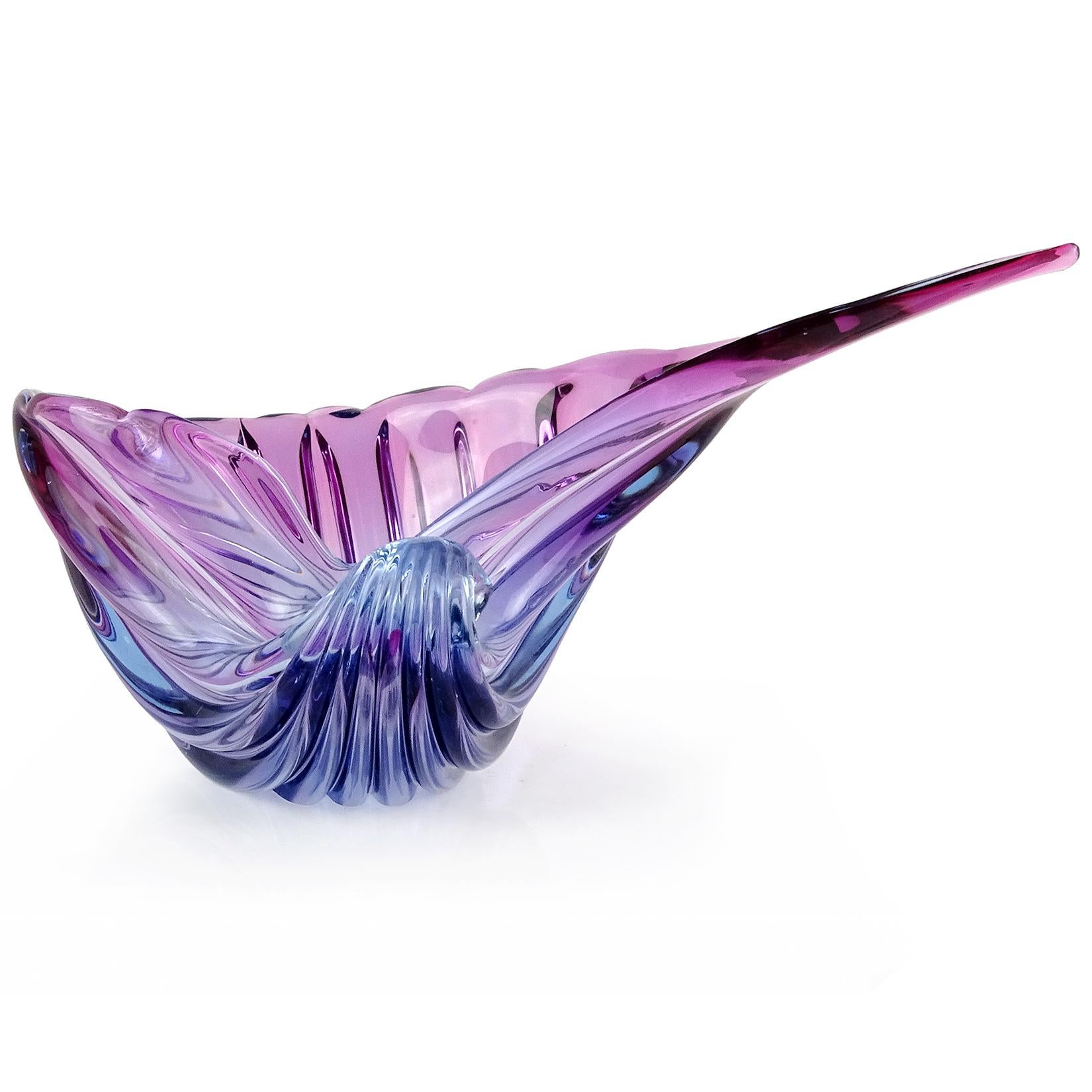 Very large Murano hand blown Sommerso purple to blue Italian art glass seashell centerpiece bowl. Documented to Alfredo Barbini, circa 1950s-1960s. One of the largest shells in my collection. Can be functional, as a fruit bowl or flower vase. Also