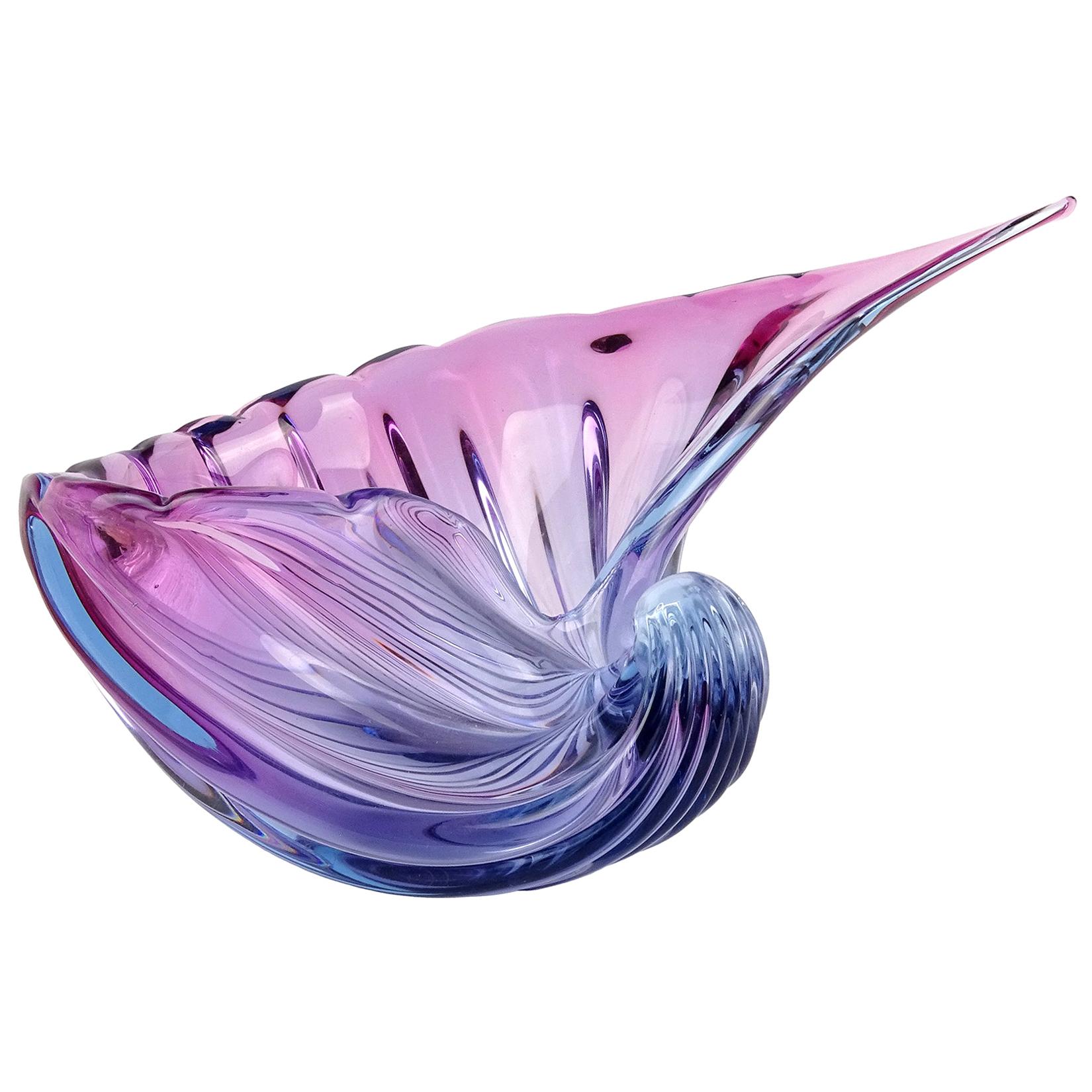 Barbini Murano Sommerso Purple Blue Italian Art Glass Conch Shell Bowl Sculpture