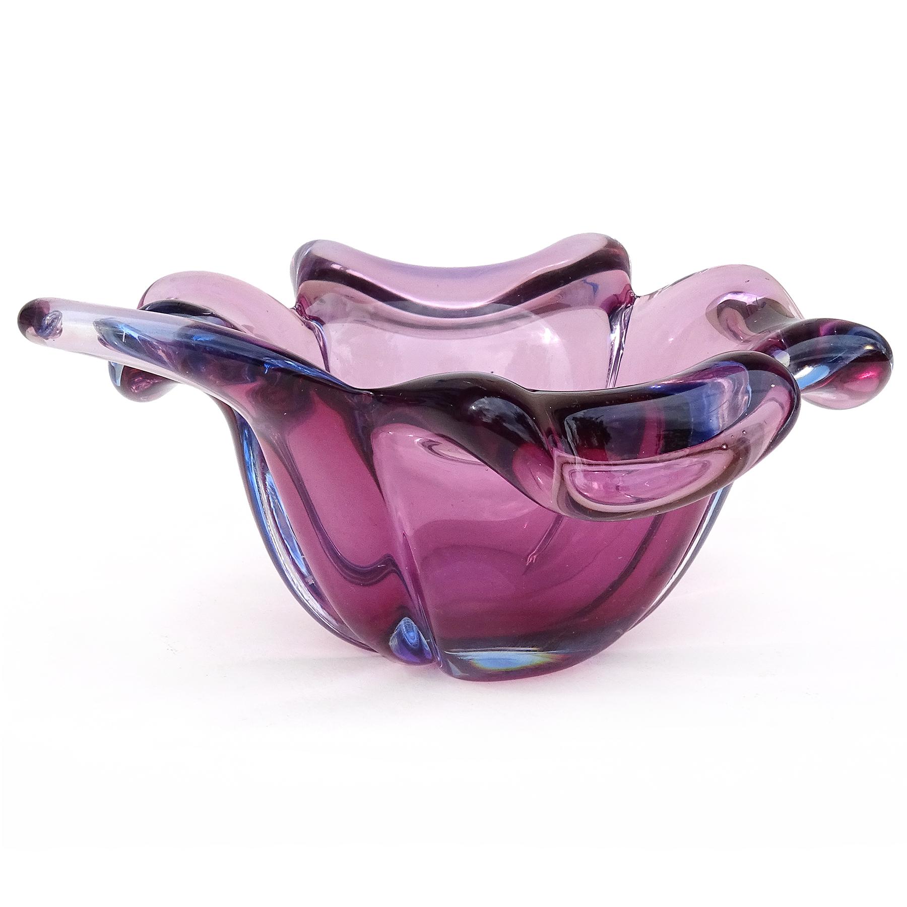 Hand-Crafted Barbini Murano Sommerso Purple Blue Italian Art Glass Four Leaf Clover Bowl Dish For Sale