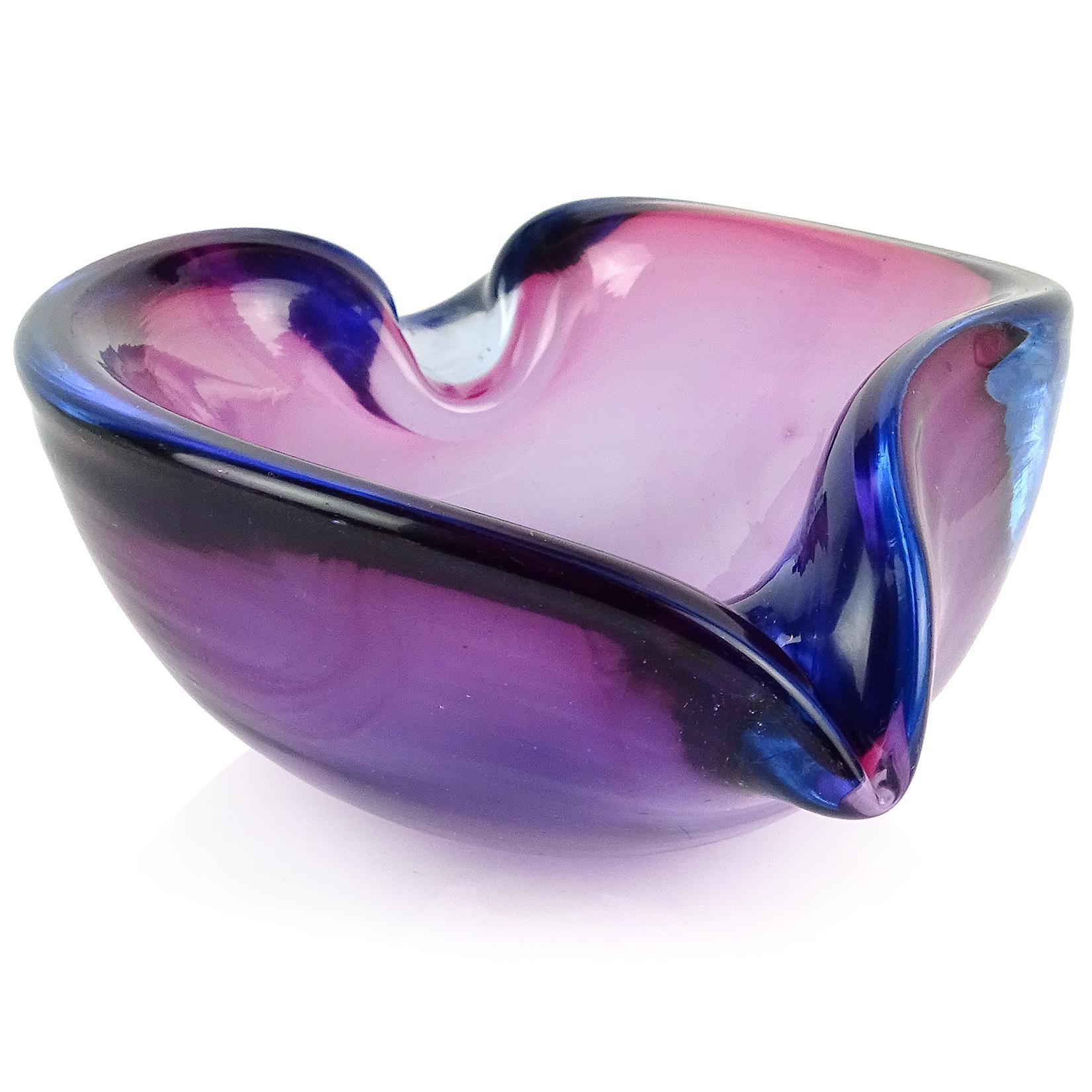 Mid-Century Modern Barbini Murano Sommerso Purple Blue Italian Art Glass Valentine Heart Bowl Dish