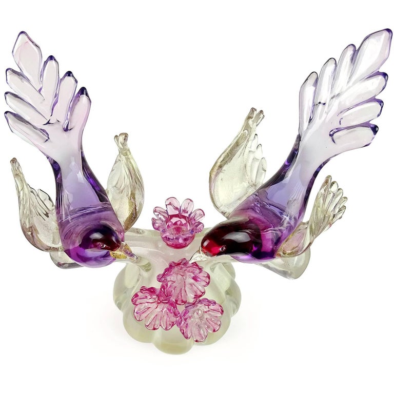 Mid-Century Modern Barbini Murano Sommerso Purple Gold Flecks Italian Art Glass Birds Sculpture For Sale