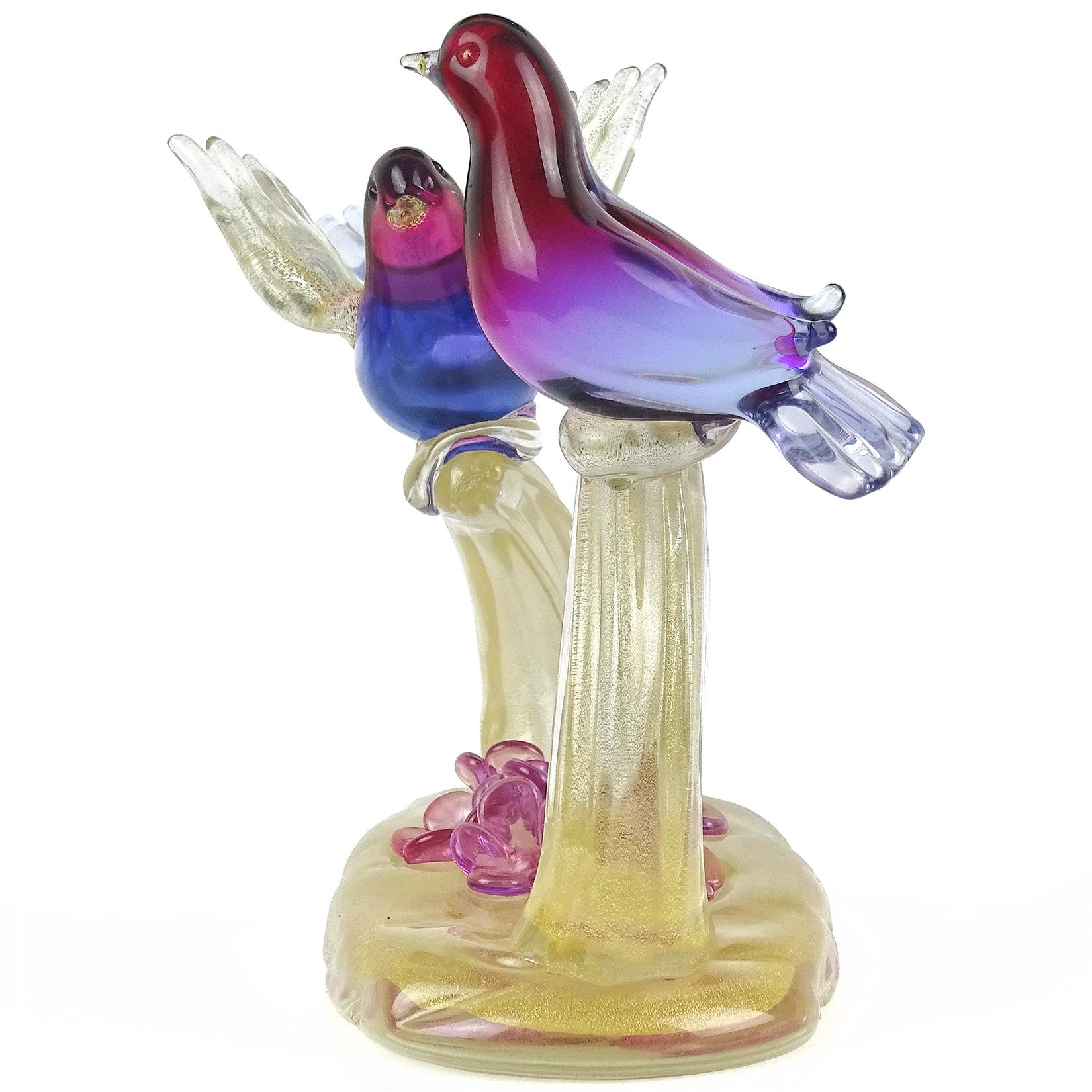 Mid-Century Modern Barbini Murano Sommerso Purple Gold Flecks Italian Art Glass Birds Sculpture