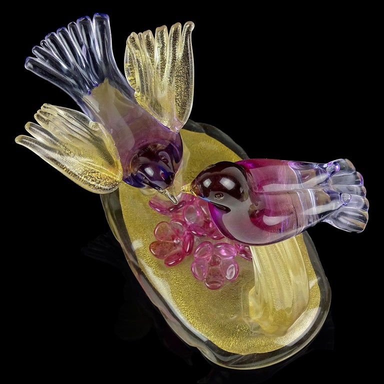 Hand-Crafted Barbini Murano Sommerso Purple Gold Flecks Italian Art Glass Birds Sculpture For Sale