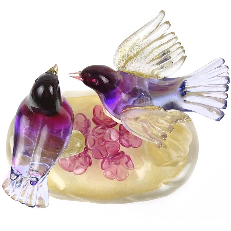 Barbini Murano Sommerso Purple Gold Flecks Italian Art Glass Birds Sculpture In Good Condition For Sale In Kissimmee, FL