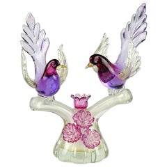 Barbini Murano Sommerso Purple Gold Flecks Italian Art Glass Birds Sculpture