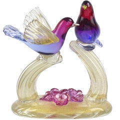 Barbini Murano Sommerso Purple Gold Flecks Italian Art Glass Birds Sculpture