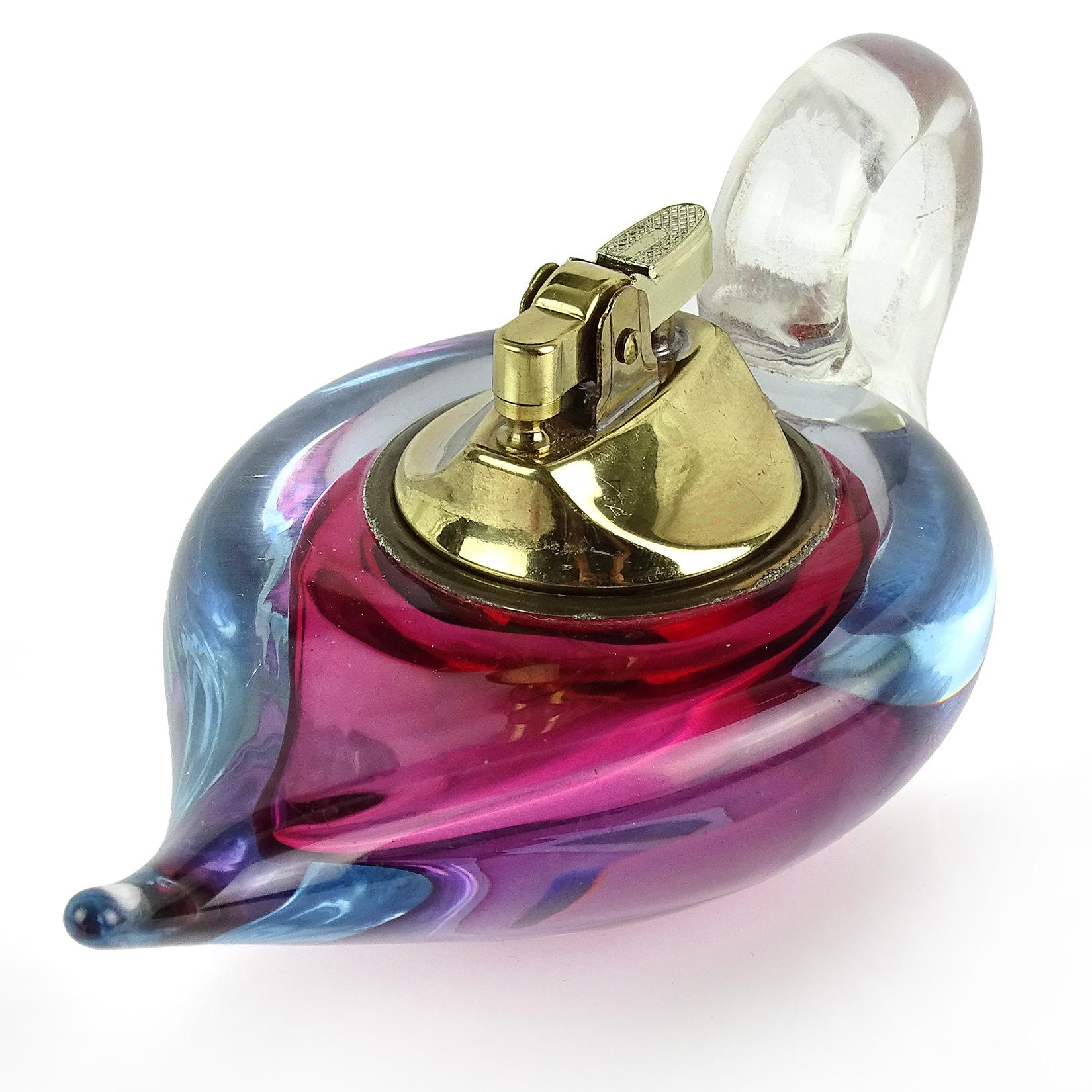 Beautiful Murano hand blown Sommerso purple, blue and gold flecks Italian art glass Aladdin lamp lighter. Documented to designer Alfredo Barbini. Very unusual shape. The lighter mechanism sparks, with new wick. Selling as a decorative piece, as it