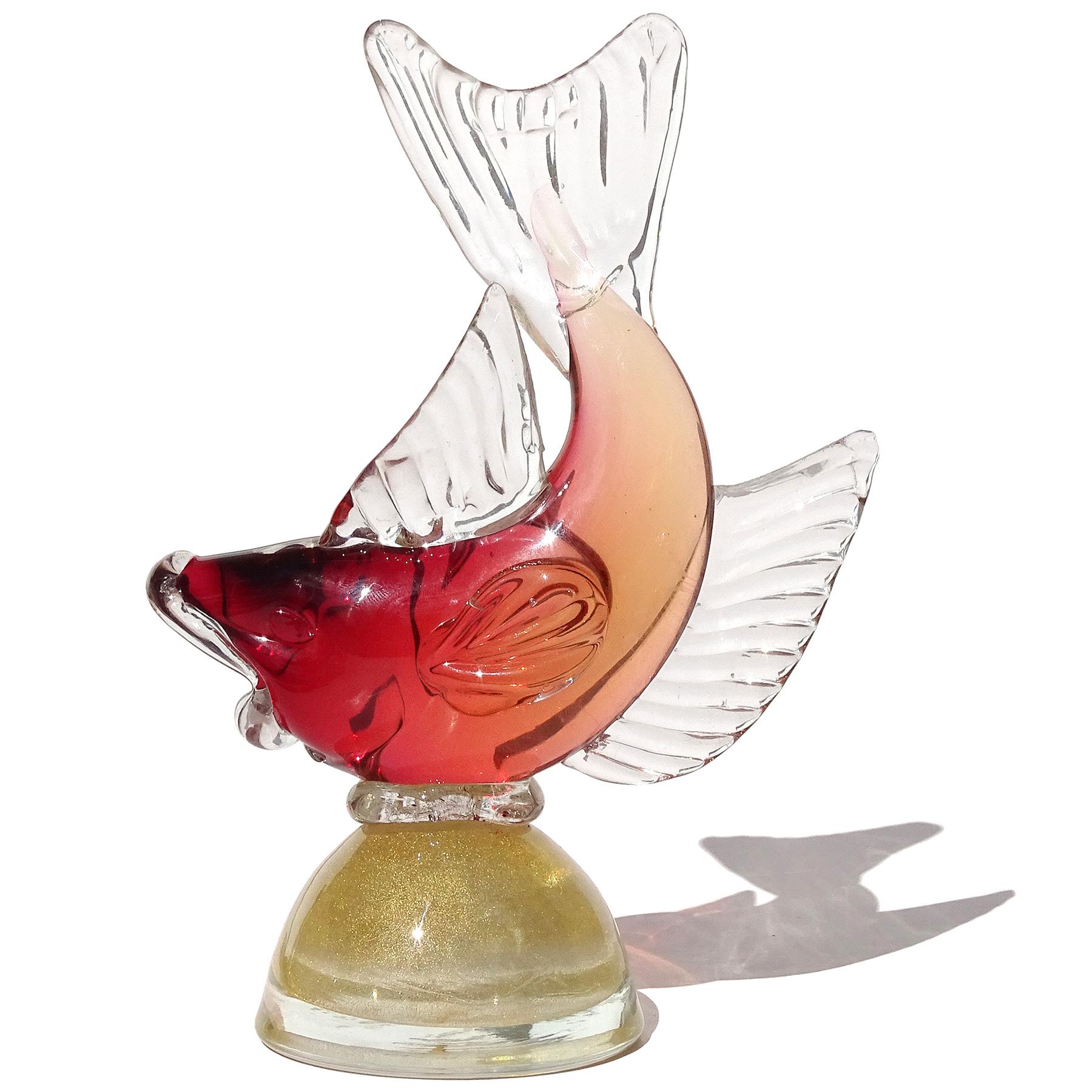 Mid-Century Modern Barbini Murano Sommerso Red Gold Flecks Italian Art Glass Fish Figure Sculpture For Sale