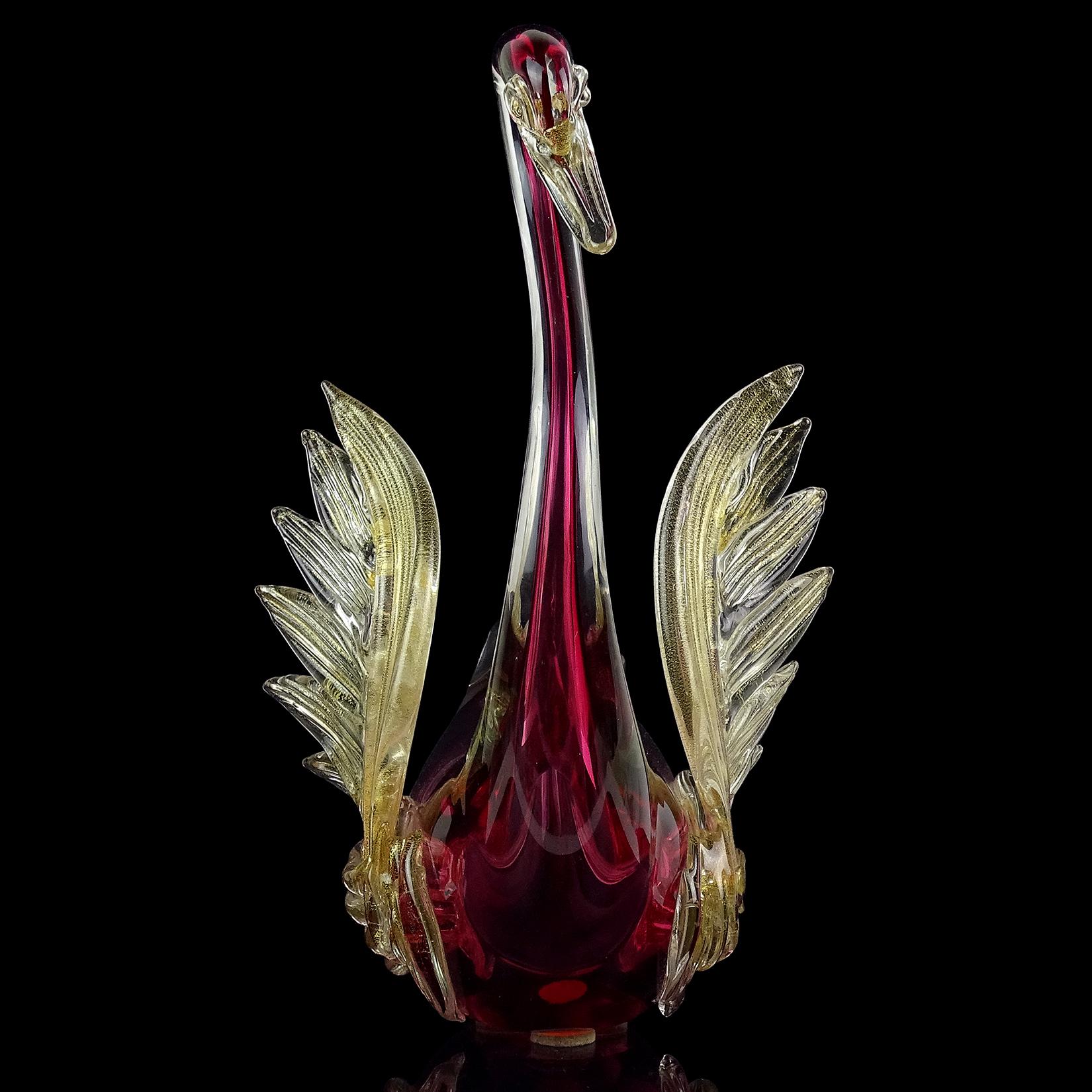 Mid-Century Modern Barbini Murano Sommerso Red Gold Flecks Italian Art Glass Swan Bird Sculpture