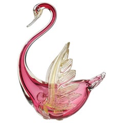 Barbini Murano Sommerso Red Gold Flecks Italian Art Glass Swan Bird Sculpture