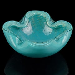 Barbini Murano Teal Blue Green Gold Fleck Bubbles Italian Art Glass Bowl Ashtray
