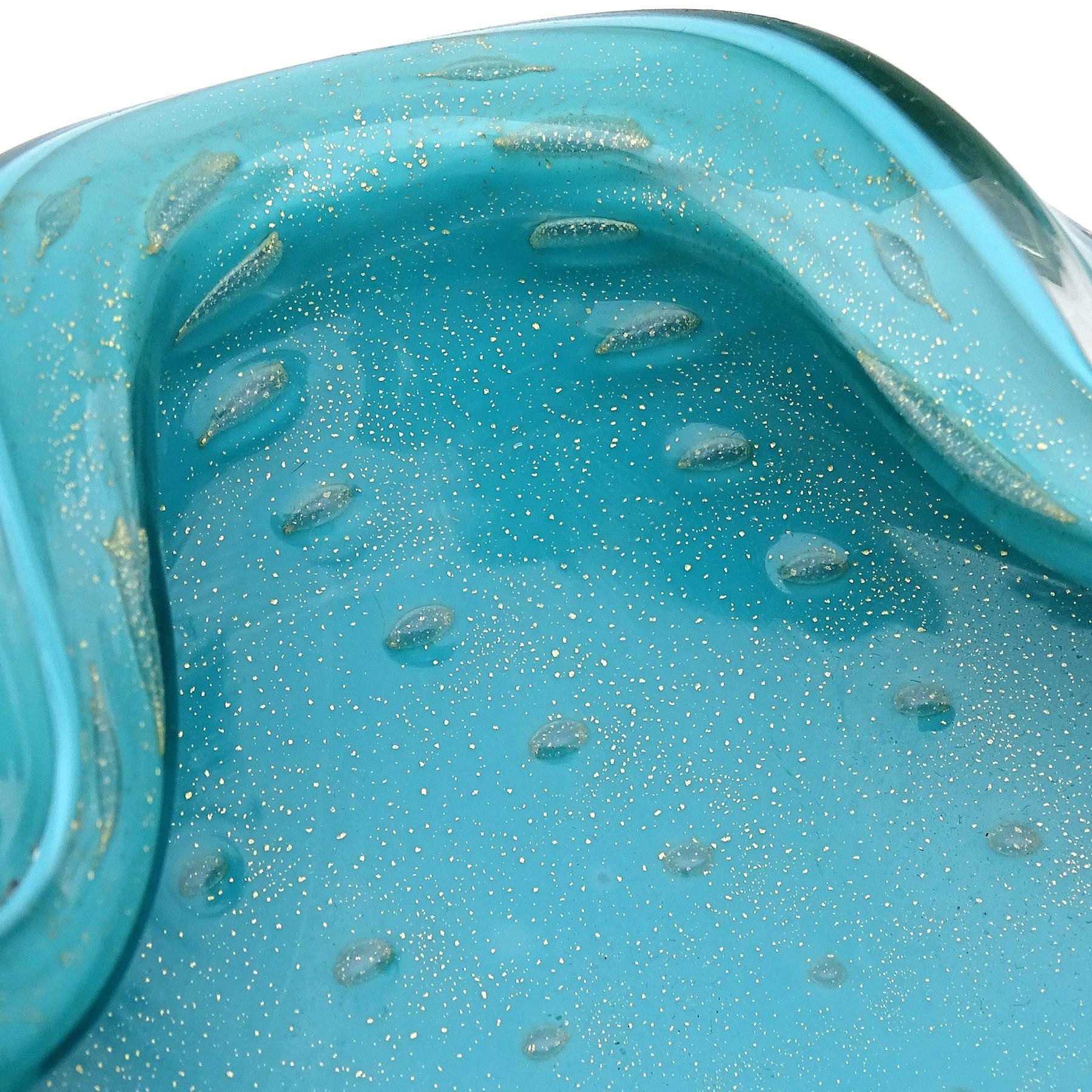 Mid-Century Modern Barbini Murano Teal Blue Green Gold Fleck Bubbles Italian Art Glass Bowl Ashtray For Sale