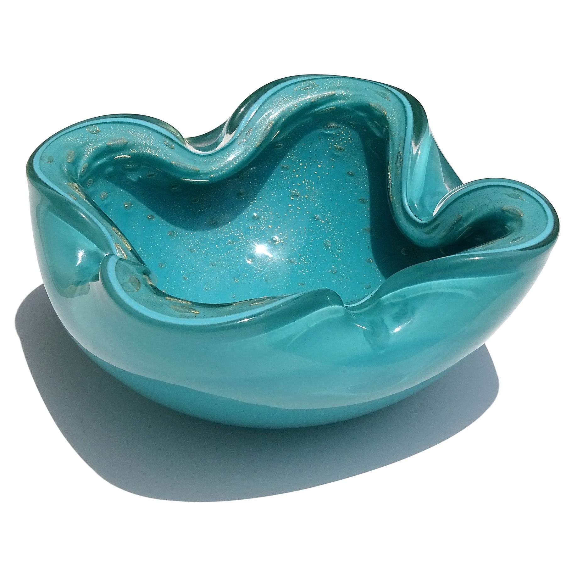Hand-Crafted Barbini Murano Teal Blue Green Gold Fleck Bubbles Italian Art Glass Bowl Ashtray For Sale