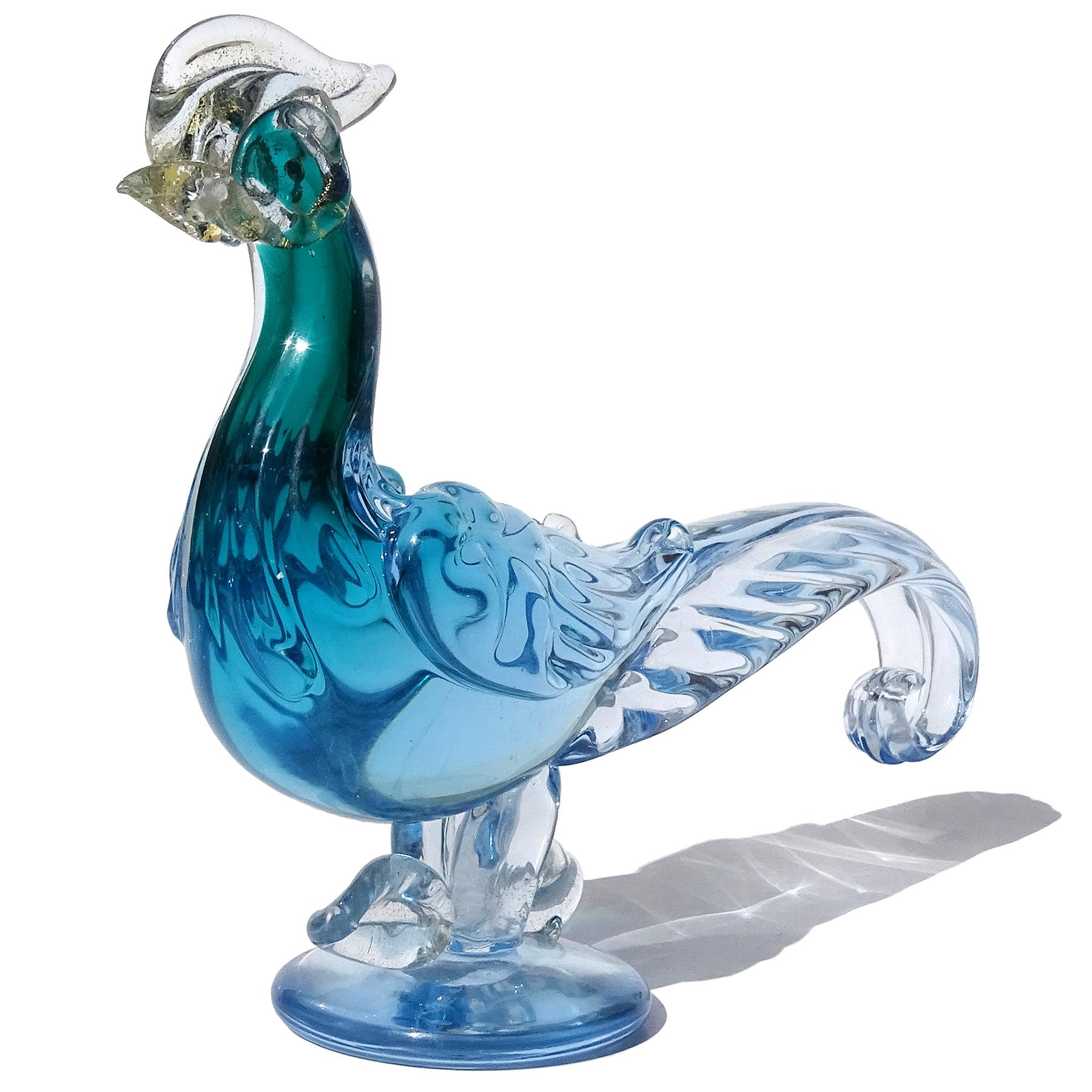 Barbini Murano Teal Blau Sommerso Gold Flecken Italienisch Kunst Glas Vogel Skulpturen (Moderne der Mitte des Jahrhunderts) im Angebot
