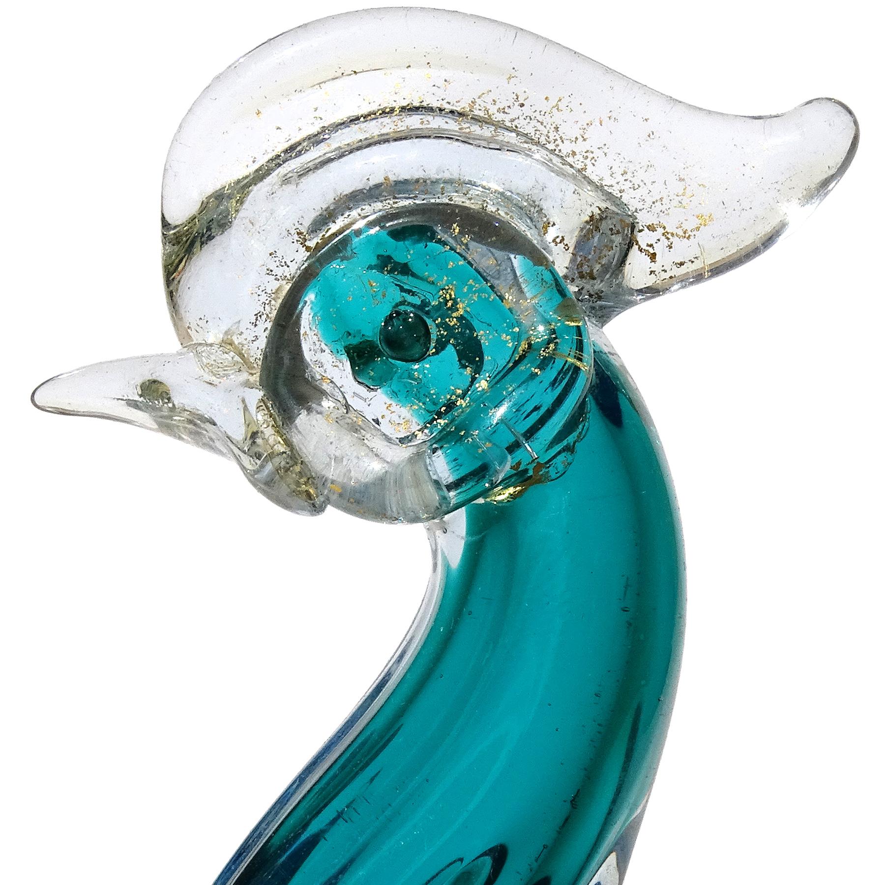 Barbini Murano Teal Blau Sommerso Gold Flecken Italienisch Kunst Glas Vogel Skulpturen (Handgefertigt) im Angebot
