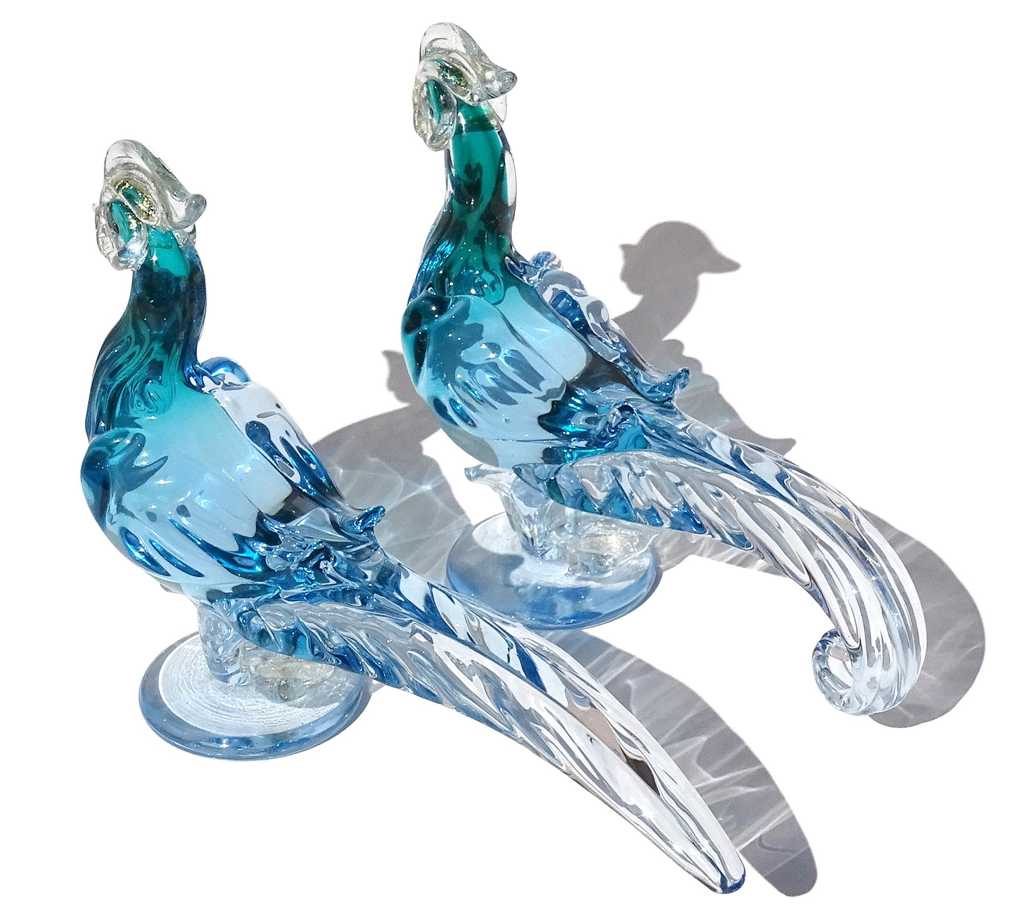 Barbini Murano Teal Blau Sommerso Gold Flecken Italienisch Kunst Glas Vogel Skulpturen im Zustand „Gut“ im Angebot in Kissimmee, FL