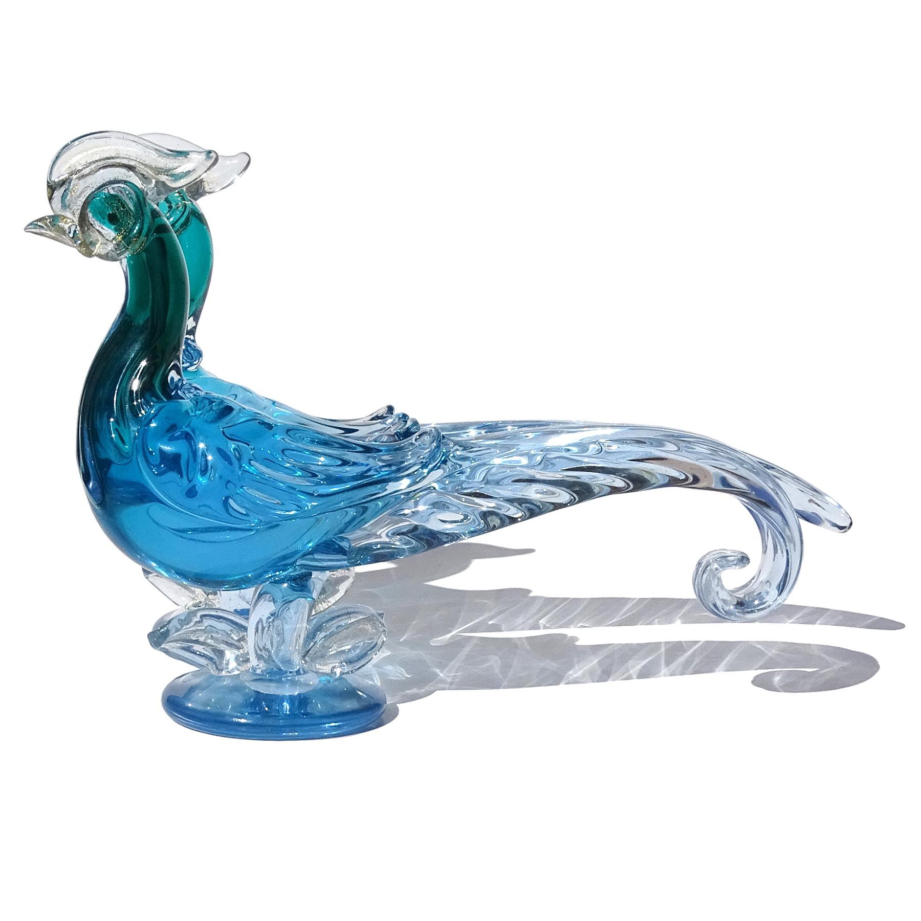 Barbini Murano Teal Blau Sommerso Gold Flecken Italienisch Kunst Glas Vogel Skulpturen (Glaskunst) im Angebot