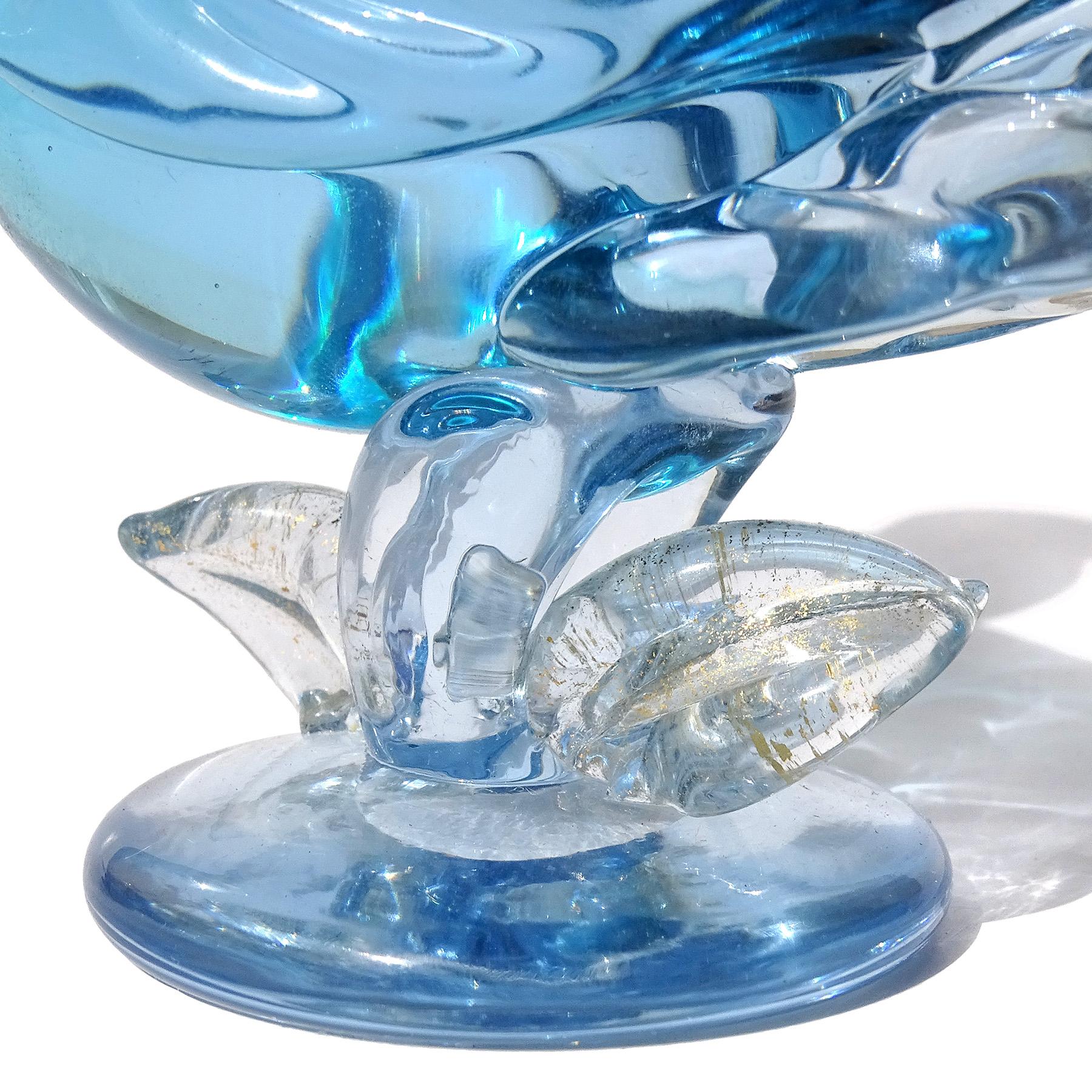 Barbini Murano Teal Blau Sommerso Gold Flecken Italienisch Kunst Glas Vogel Skulpturen im Angebot 1