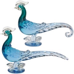 Barbini Murano Teal Blue Sommerso Gold Flecks Italian Art Glass Bird Sculptures