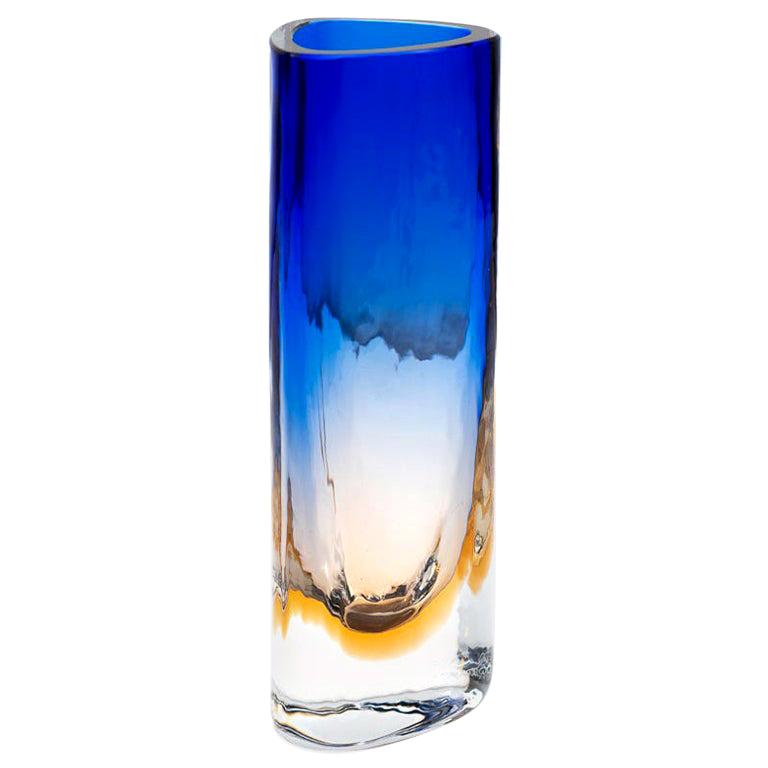 Barbini Murano Triangular Ochre and Blue Blown Glass Battuto Vase, circa 1975 For Sale