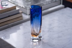 Barbini Murano Triangular Ochre and Blue Blown Glass Battuto Vase, circa 1975