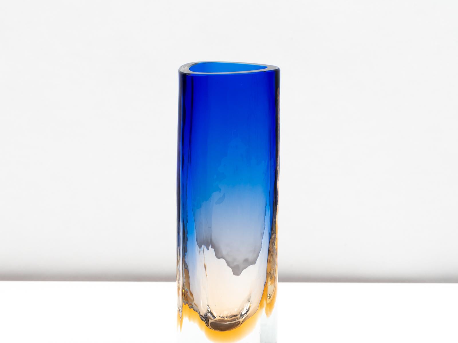 Italian Barbini Murano Triangular Ochre and Blue Blown Glass Battuto Vase, circa 1975 For Sale