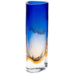 Barbini Murano Triangular Ochre and Blue Blown Glass Battuto Vase, circa 1975