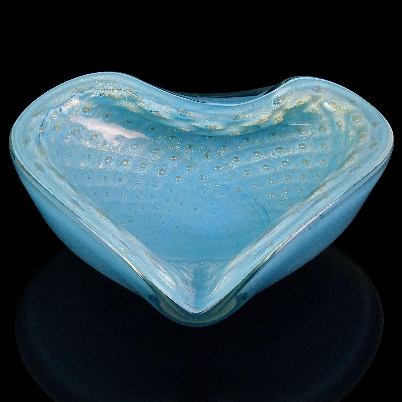 Hand-Crafted Barbini Murano Vintage 50s Blue Bubbles Gold Flecks Italian Art Glass Heart Bowl For Sale