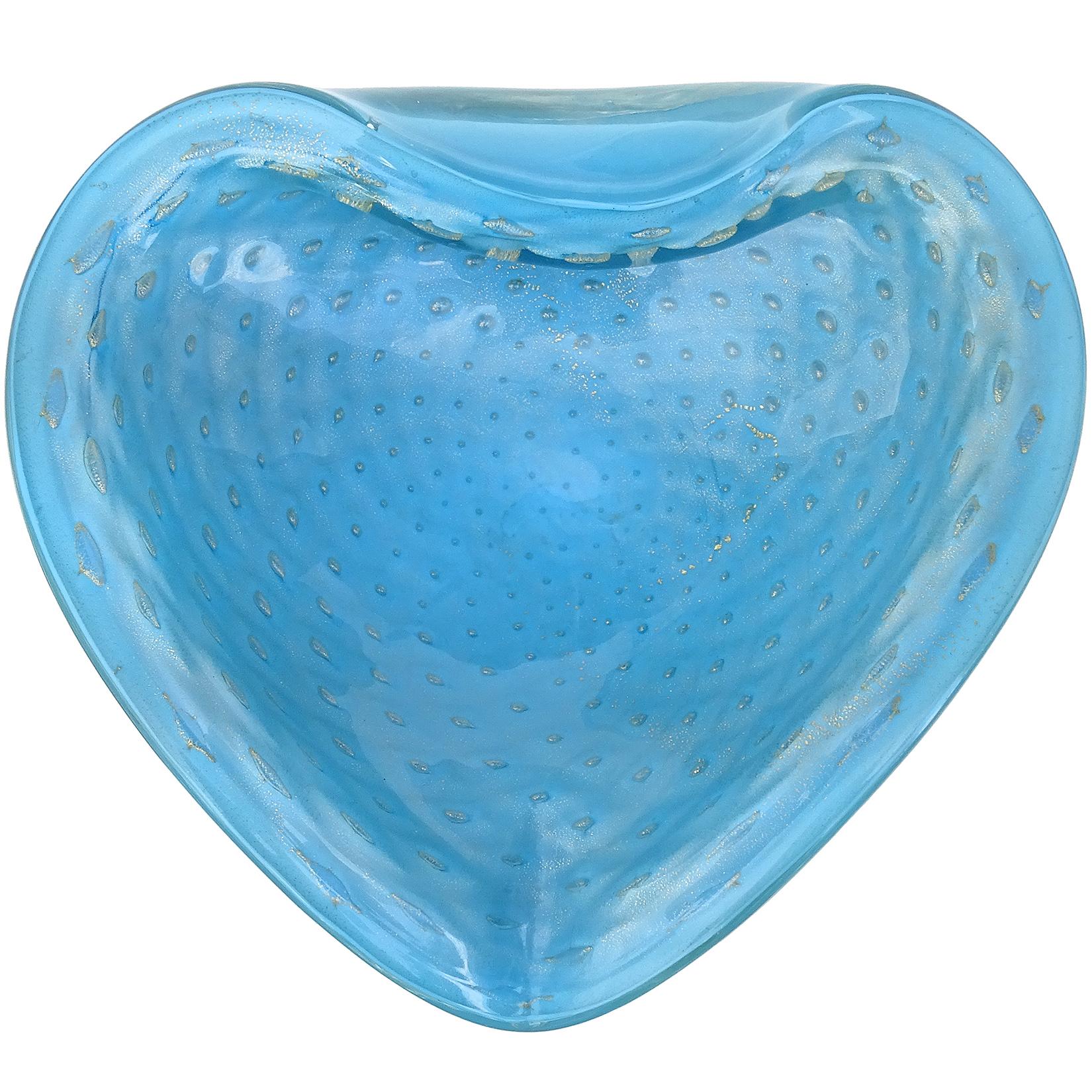 Barbini Murano Vintage 50s Blue Bubbles Gold Flecks Italian Art Glass Heart Bowl In Good Condition For Sale In Kissimmee, FL