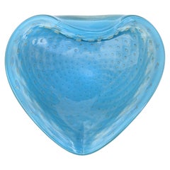 Barbini Murano Vintage años 50 Burbujas azules Motas doradas Tazón corazón de vidrio artístico italiano