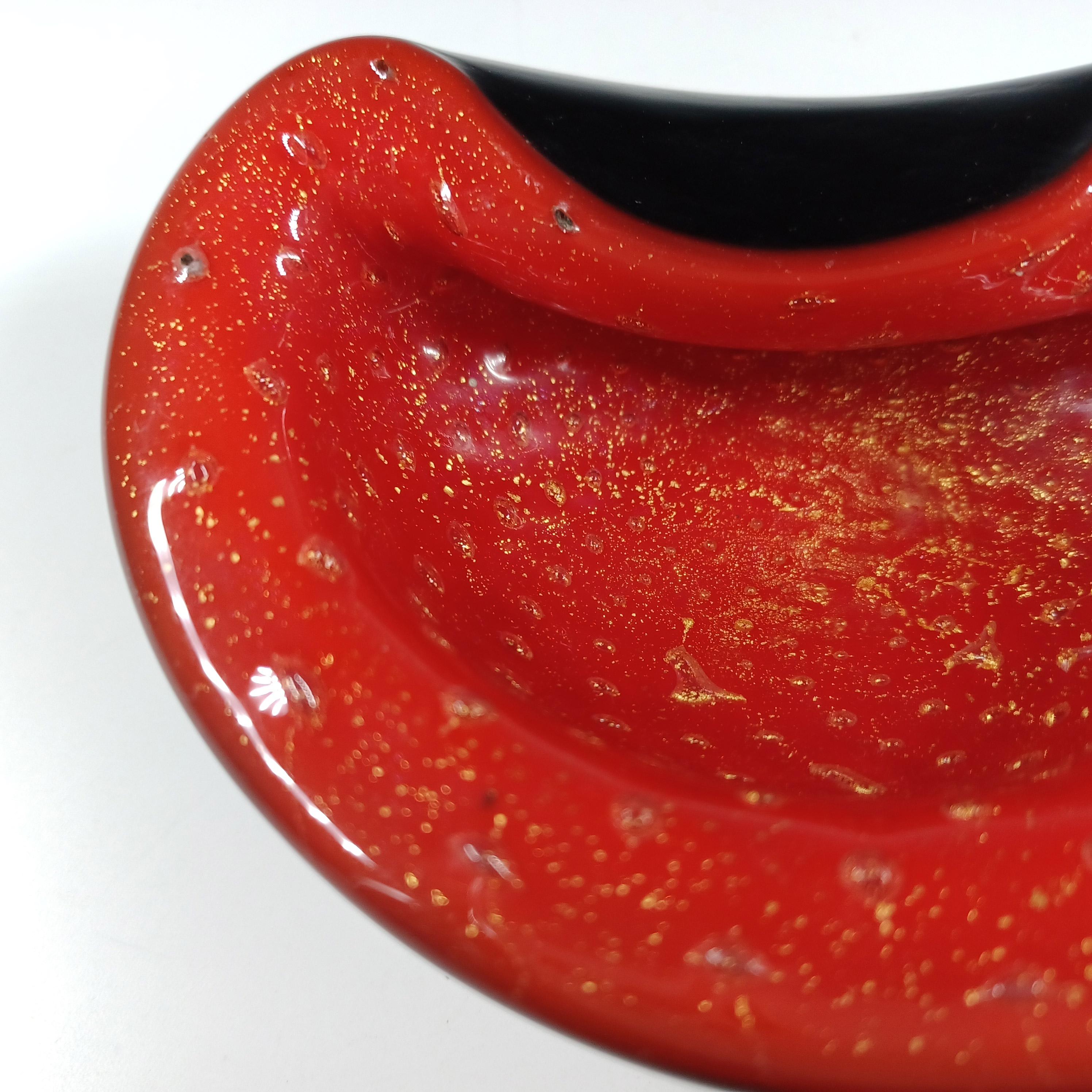 Barbini Murano Vintage Tazón de cristal rojo y negro Hoja de oro Hecho a mano en venta