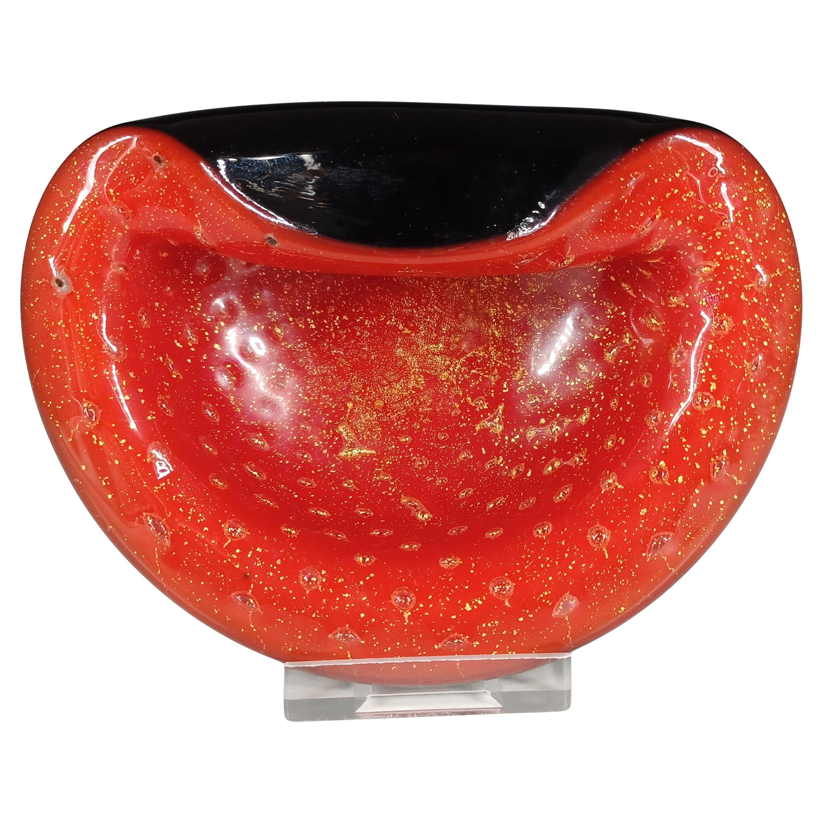 Barbini Murano Vintage Tazón de cristal rojo y negro Hoja de oro en venta