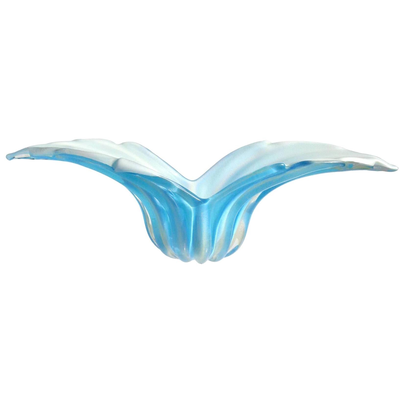 Barbini Murano Vintage Sky Blue Gold Flecks Italian Art Glass Wings Center Bowl