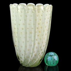 Barbini Murano Vintage White Gold Flecks Bubbles Italian Art Glass Flower Vase