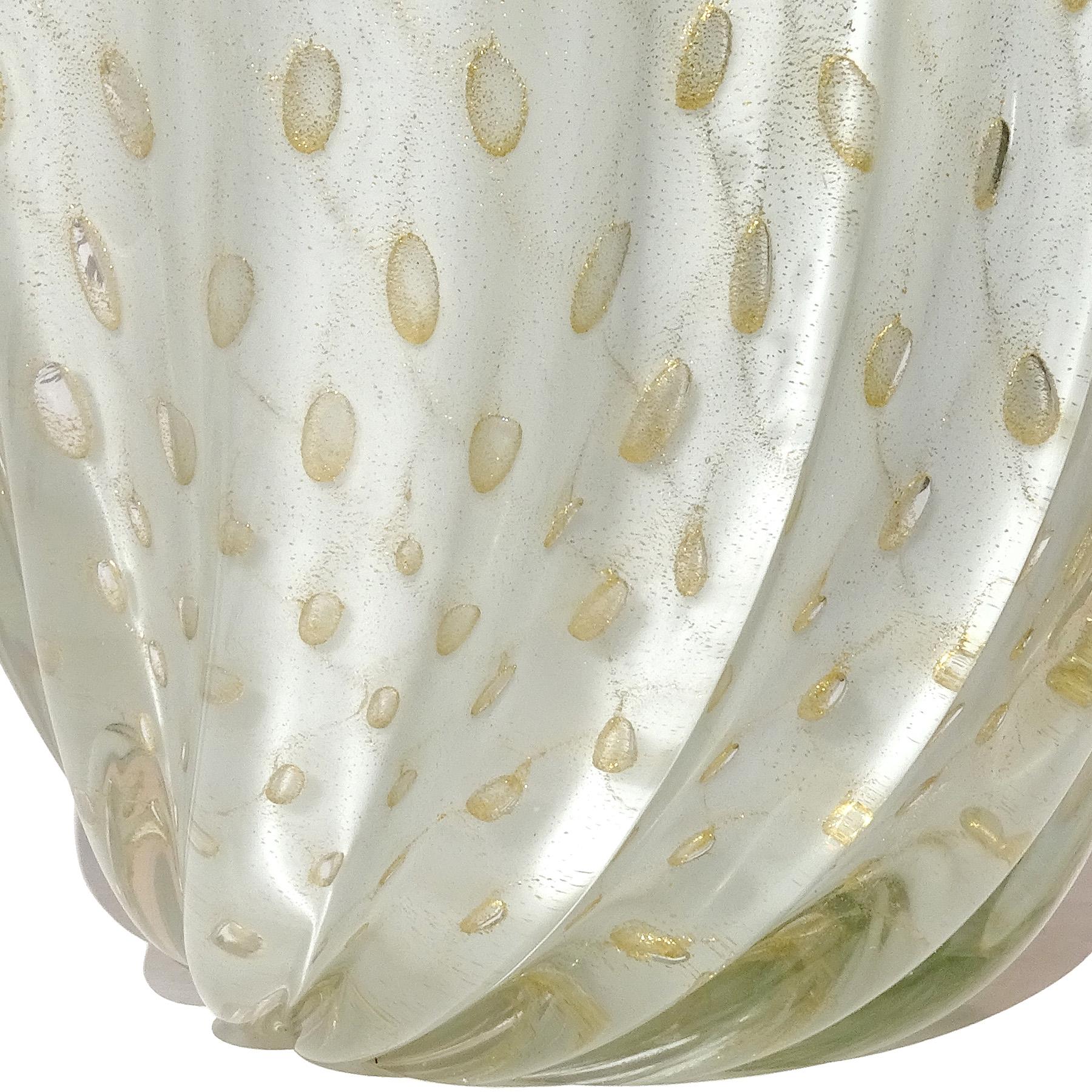 Barbini Murano Vintage White Gold Flecks Bubbles Italian Art Glass Flower Vase 3