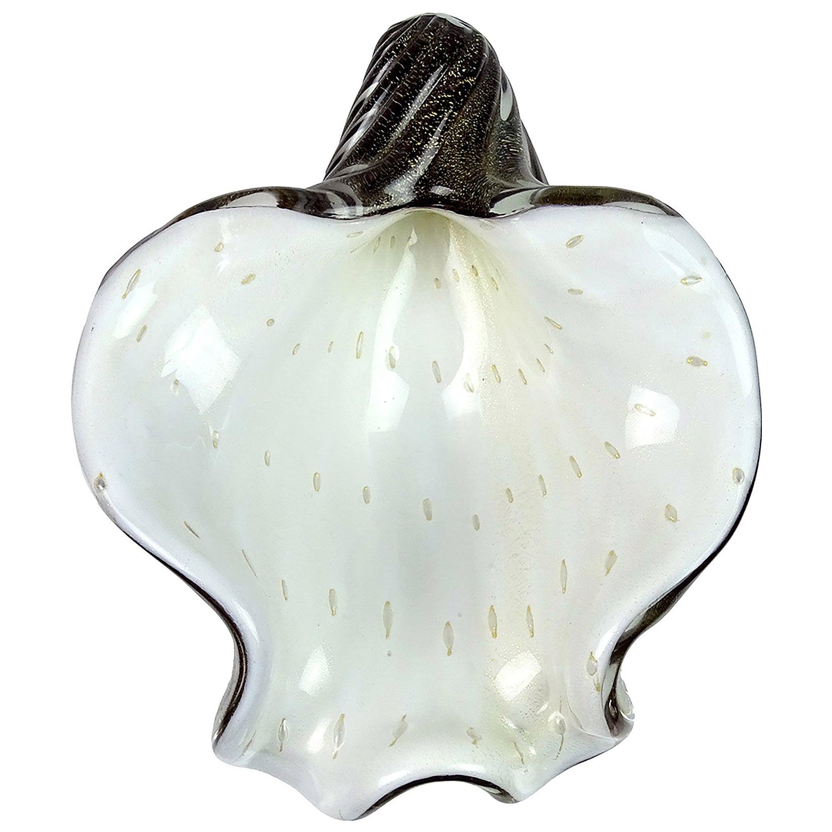 Barbini Murano White Black Gold Fleck Italian Art Glass Seashell Sculptural Bowl For Sale